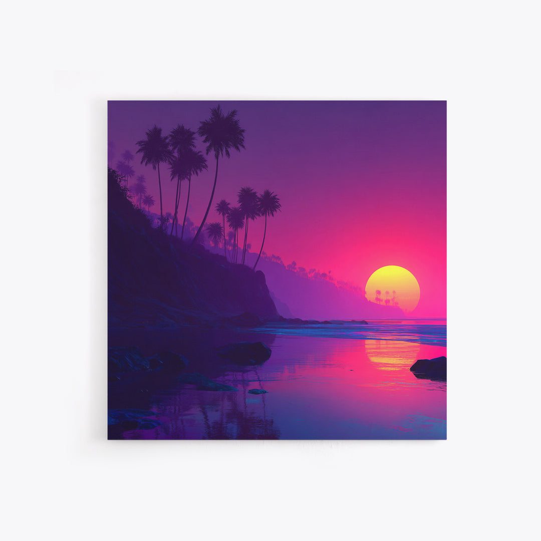 Neon Sunset Tropical Beach Wall Art, Vibrant Palm Tree Coastal Canvas Print For Modern Coastal Home And Bedroom Decor