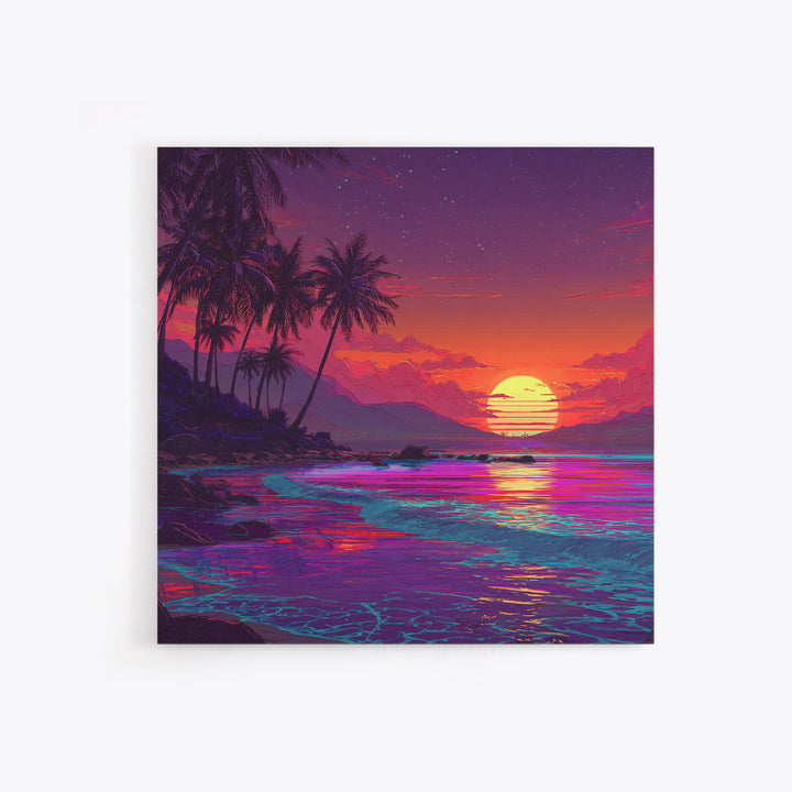 Neon Tropical Beach Sunset Wall Art, Vibrant Ocean Landscape Canvas Print, Retro Coastal Decor, Modern Living Room Wall Decor