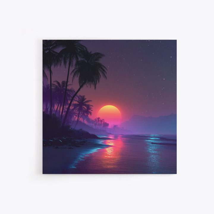 Neon Tropical Beach Sunset Wall Art, Retro Coastal Palm Tree Canvas Print, Vibrant Ocean Night Sky Home Decor