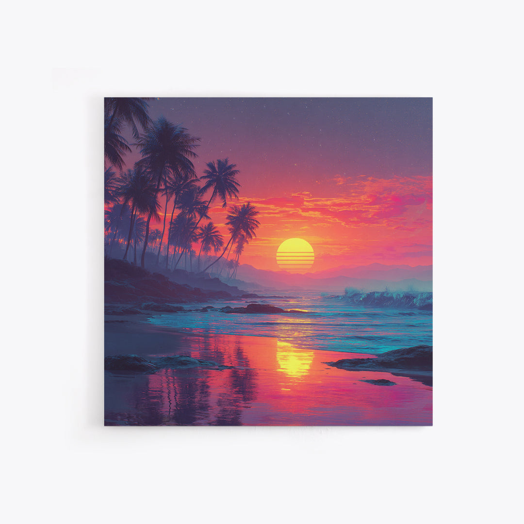 Tropical Pink Sunset Beach Wall Art, Palm Tree Coastal Ocean Canvas Print For Modern Coastal Decor And Bedroom Wall