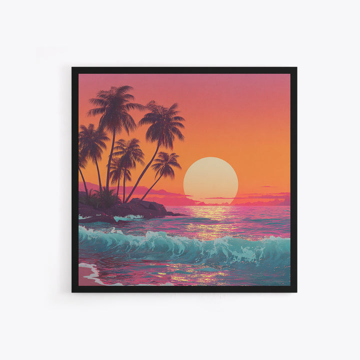 Retro Tropical Sunset Wall Art, Pink And Orange Beach Canvas Print, Aesthetic Coastal Decor For Bedroom