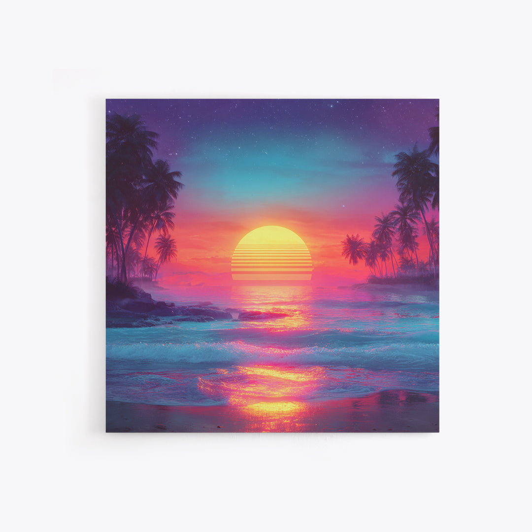 Neon Tropical Sunset Beach Wall Art, Retro Ocean Landscape Canvas Print, Coastal Home Decor, Modern Abstract Seascape