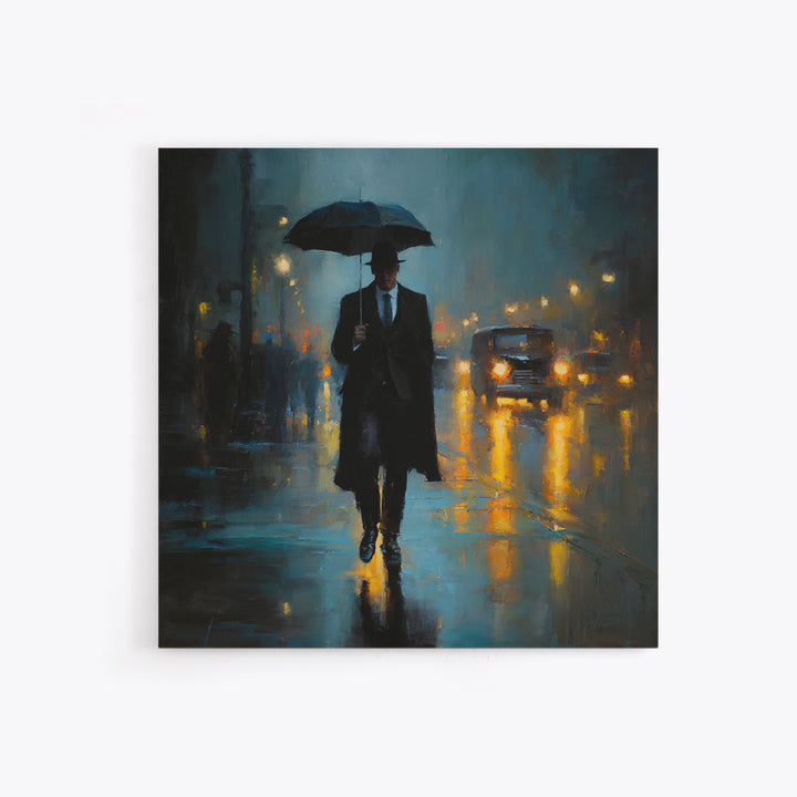 Noir Gentleman With Umbrella In Rainy City Wall Art, Moody Oil Painting Print, Dark Academia Office Decor, Gift For Him