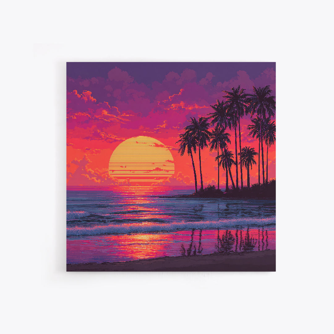 Pixel Art Tropical Sunset Beach Wall Art, Retro 8 Bit Palm Landscape Canvas Print, Colorful Gaming Room Decor