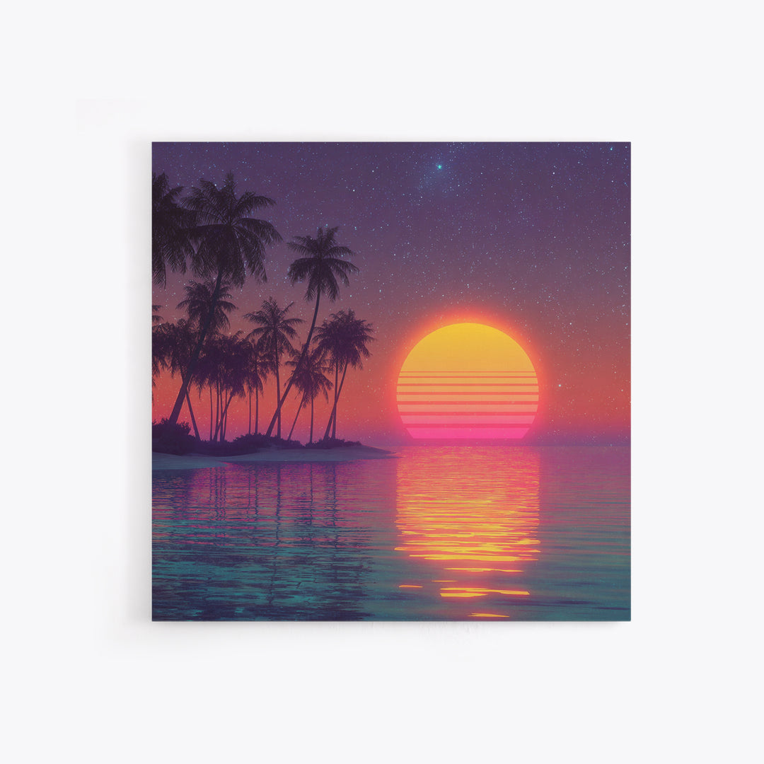 Neon Tropical Beach Palm Trees Retro Sunset Night Sky Wall Art Canvas Print Coastal Decor Bedroom Living Room Wall Art