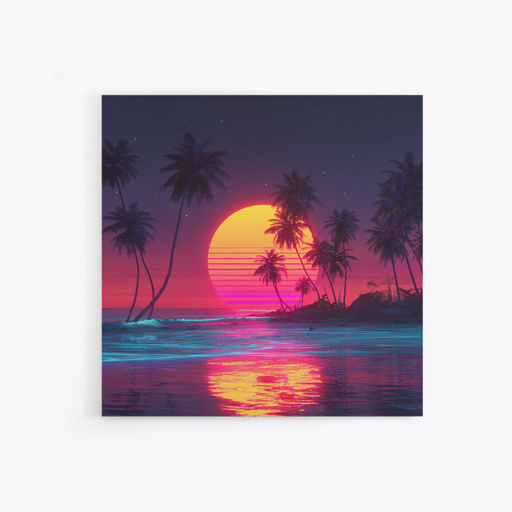 Neon Tropical Beach Sunset With Palms Wall Art, Retro Vaporwave Ocean Night Sky Canvas Print