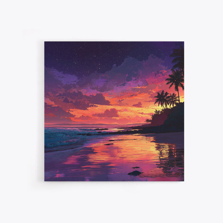 Vibrant Tropical Sunset Beach Wall Art, Colorful Coastal Ocean Painting Print, Summer Beach House Decor Living Room Wall Art