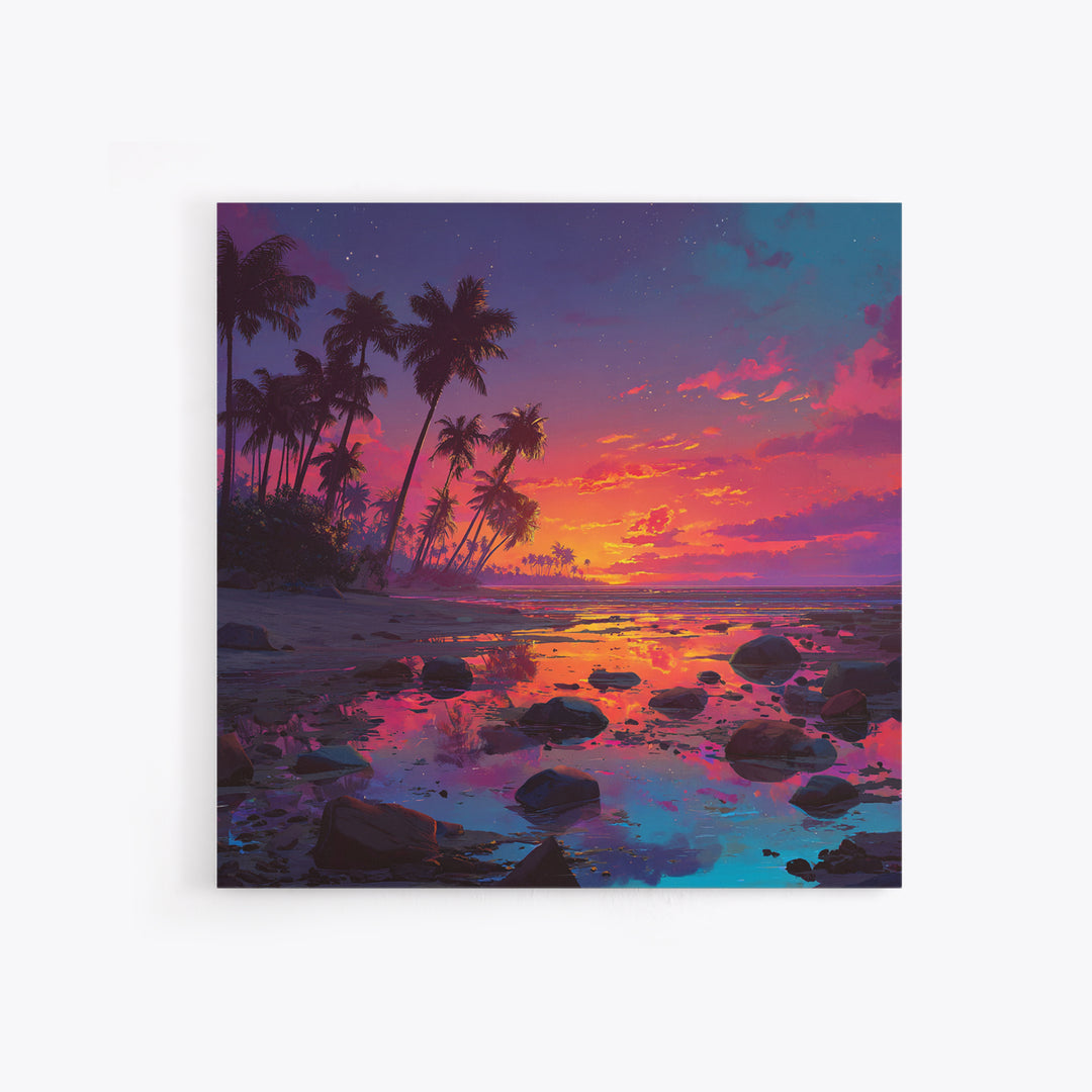 Serene Tropical Sunset With Palm Trees Reflection Over Water Vibrant Wall Art Framed Canvas Print For Coastal Home Decor