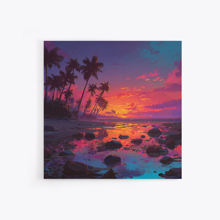Serene Tropical Sunset With Palm Trees Reflection Over Water Vibrant Wall Art Framed Canvas Print For Coastal Home Decor
