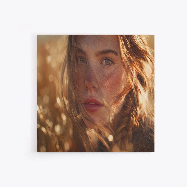 Golden Hour Portrait Of Woman Wall Art, Freckled Girl Close Up Painting, Feminine Modern Art Print, Bedroom Romantic Canvas