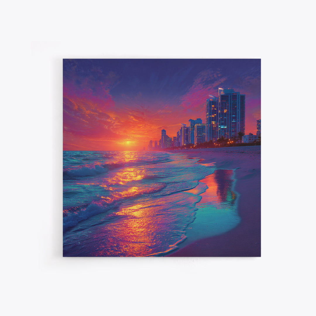 Vibrant City Beach Sunset Skyline Canvas Print, Colorful Coastal Wall Art, Modern Ocean Painting Living Room Home Decor