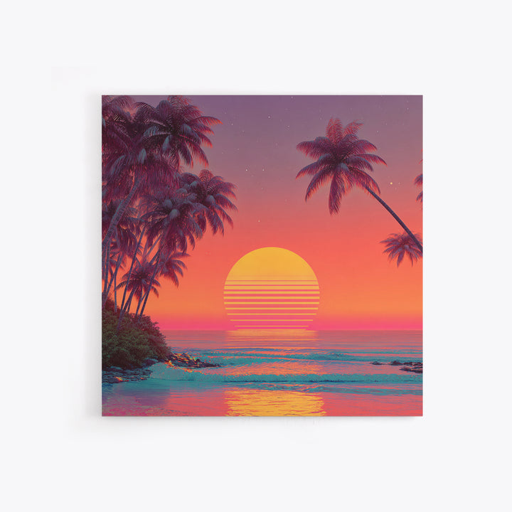 Retro Tropical Sunset Beach With Palm Trees Neon Wall Art, Colorful Coastal Canvas Print, Summer Room Decor