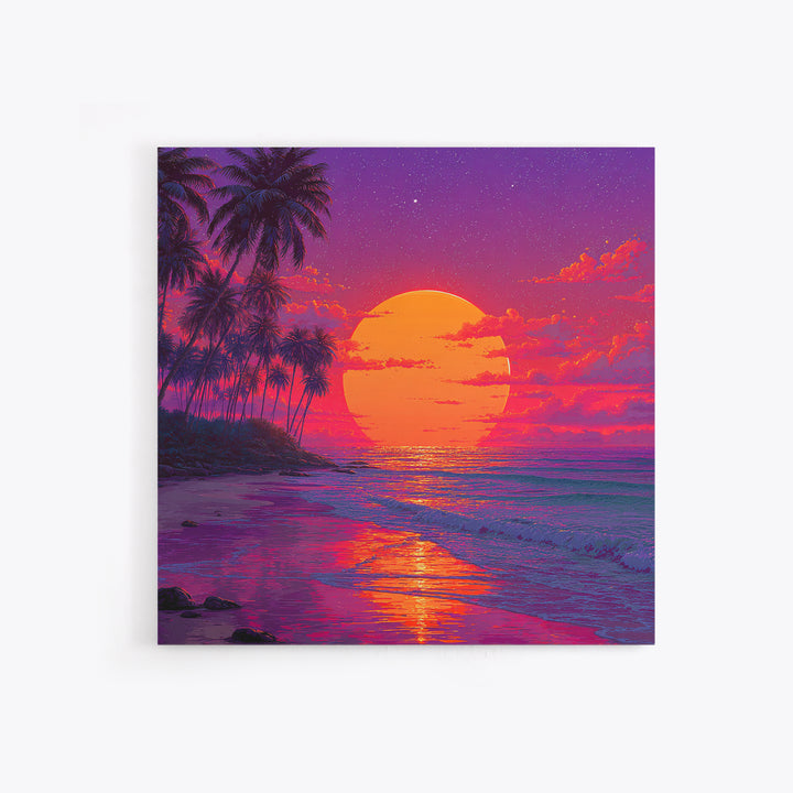 Vibrant Tropical Sunset Beach Wall Art, Palm Tree Ocean Horizon Print, Retro Coastal Summer Decor Canvas Print