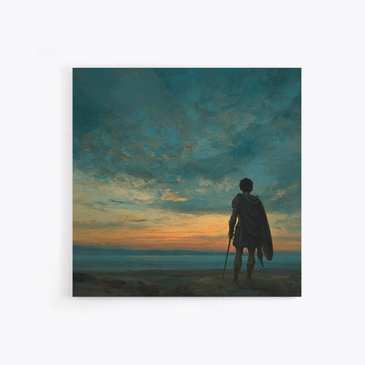 Dark Dramatic Sunset With Ancient Warrior Standing On Hill Wall Art Oil Painting Framed Canvas Print
