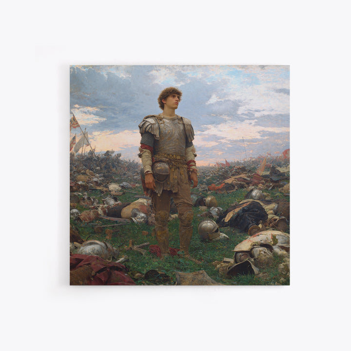 Young Knight Standing After Battle Wall Art, Medieval Warrior Oil Painting, Historical Landscape, Statement Decor, Gift For Him