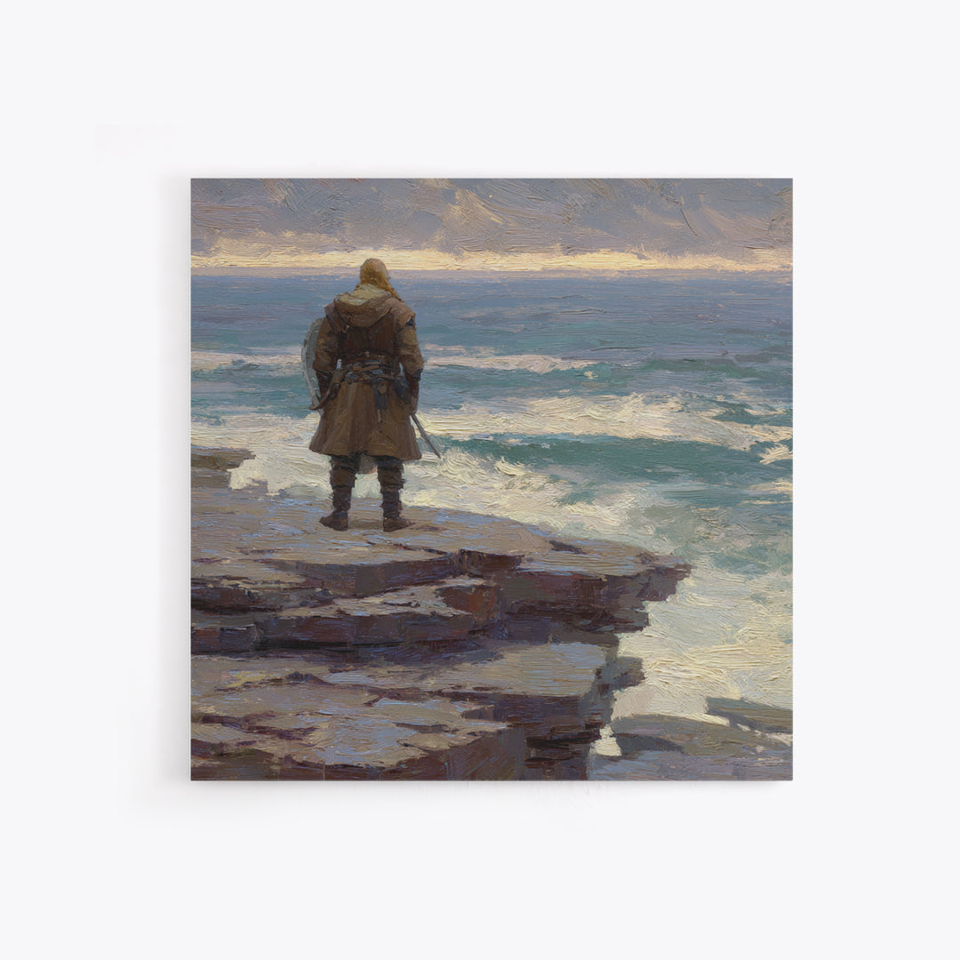 Lone Warrior On Ocean Cliff, Moody Coastal Landscape Wall Art, Viking Seascape Canvas Print, Masculine Office Decor, Gift For Him