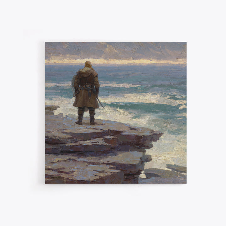 Lone Warrior On Ocean Cliff, Moody Coastal Landscape Wall Art, Viking Seascape Canvas Print, Masculine Office Decor, Gift For Him