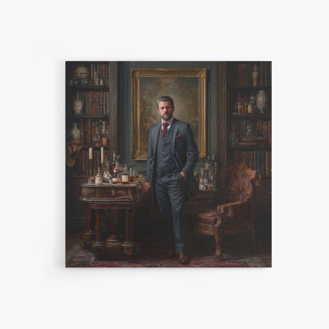 Dapper Gentleman In Antique Study Framed Canvas Print, Moody Portrait Oil Painting, Masculine Office Decor, Dark Academia Art
