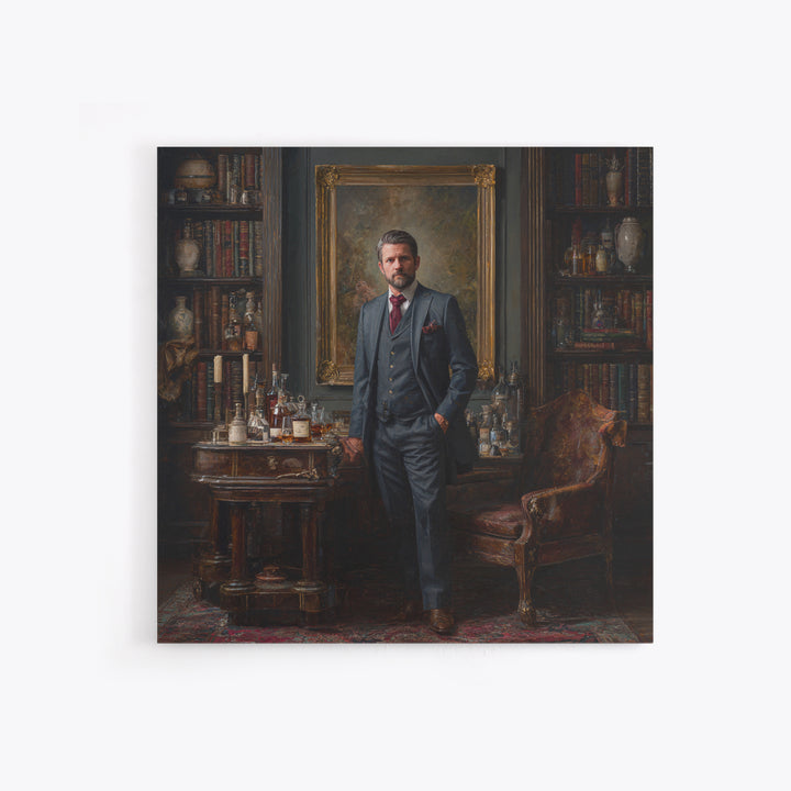 Dapper Gentleman In Antique Study Framed Canvas Print, Moody Portrait Oil Painting, Masculine Office Decor, Dark Academia Art
