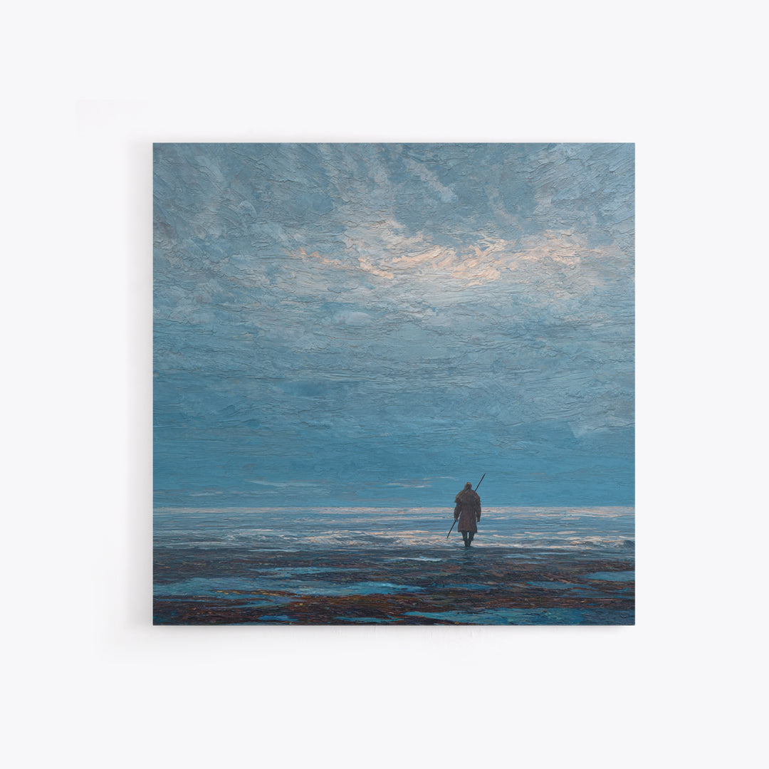 Lone Wanderer Crossing Icy Blue Shore Canvas Print, Minimalist Seascape Art, Calming Wall Art, Serene Coastal Bedroom Decor