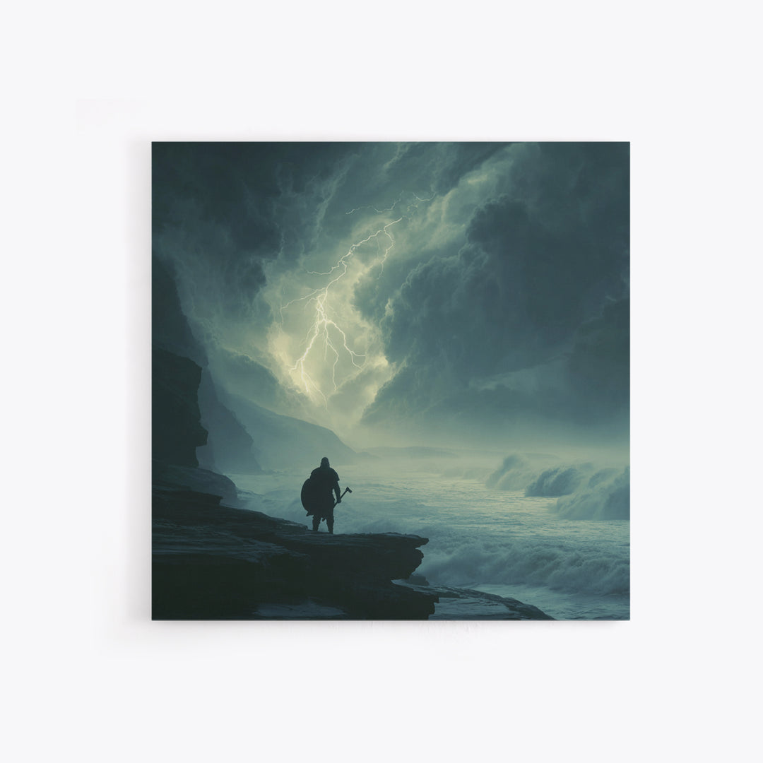 Lone Viking Facing Lightning Over Stormy Sea Wall Art, Dark Seascape Art, Fantasy Wall Decor, Moody Coastal Decor, Gift For Him