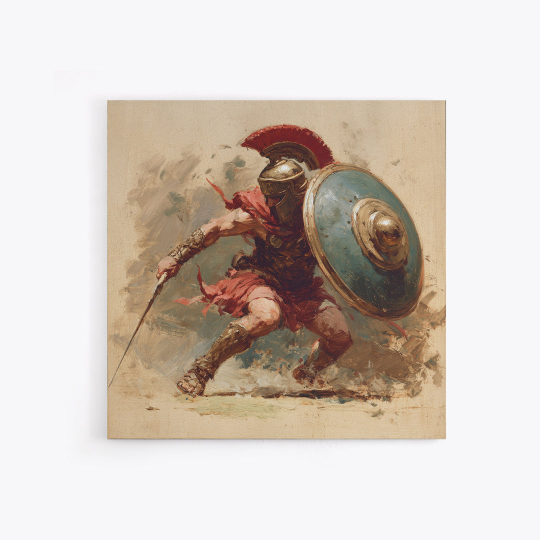 Spartan Warrior With Shield Wall Art, Red Plume Gladiator Action Painting, Bold Classical Canvas Print For Game Room Decor