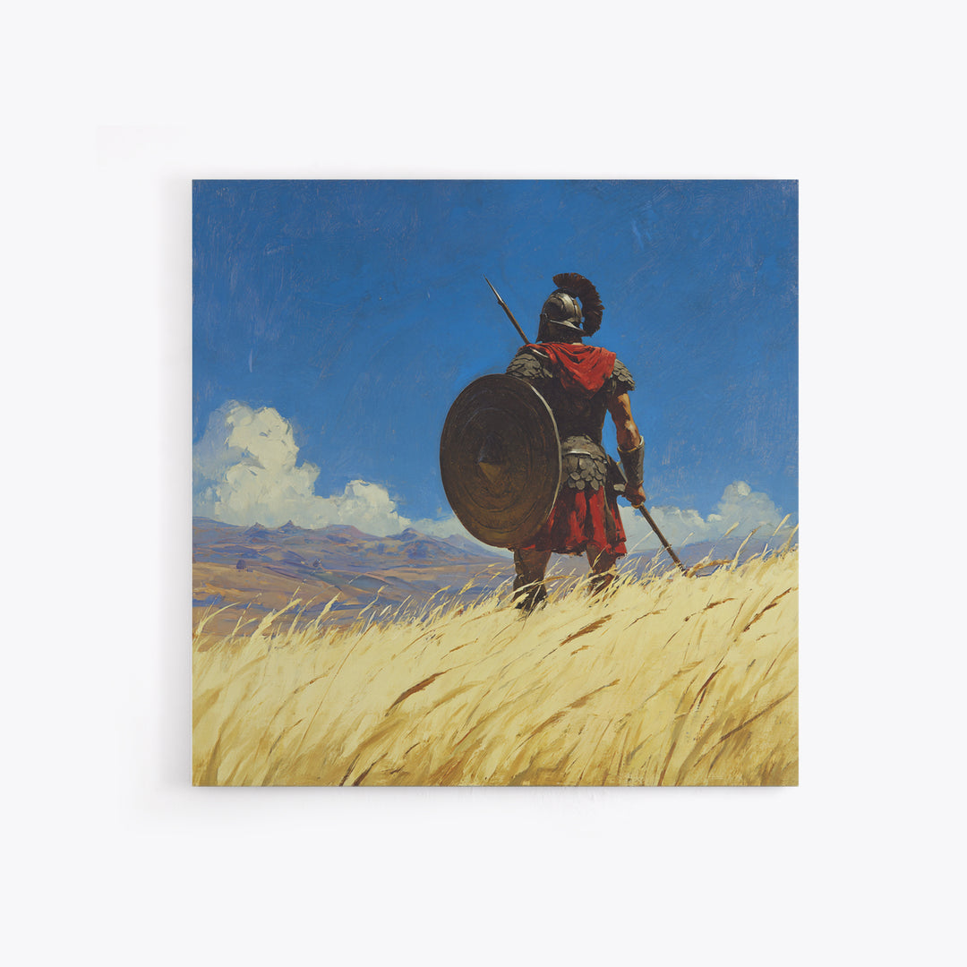 Spartan Warrior In Golden Field Framed Canvas Print, Ancient Greece Landscape, Masculine Wall Art, Western Office Decor Gift