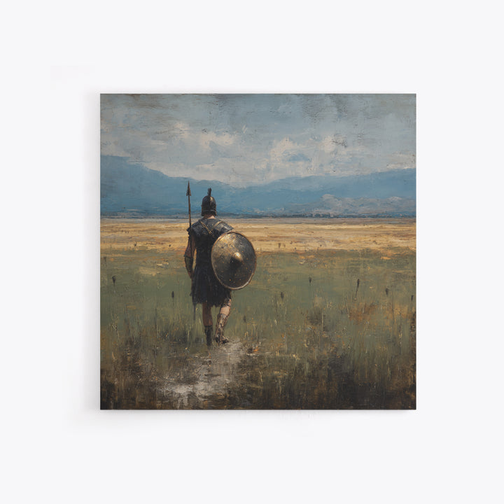 Lone Hoplite Crossing Golden Plains Wall Art, Ancient Greek Landscape Oil Painting, Historical Decor, Masculine Art Print