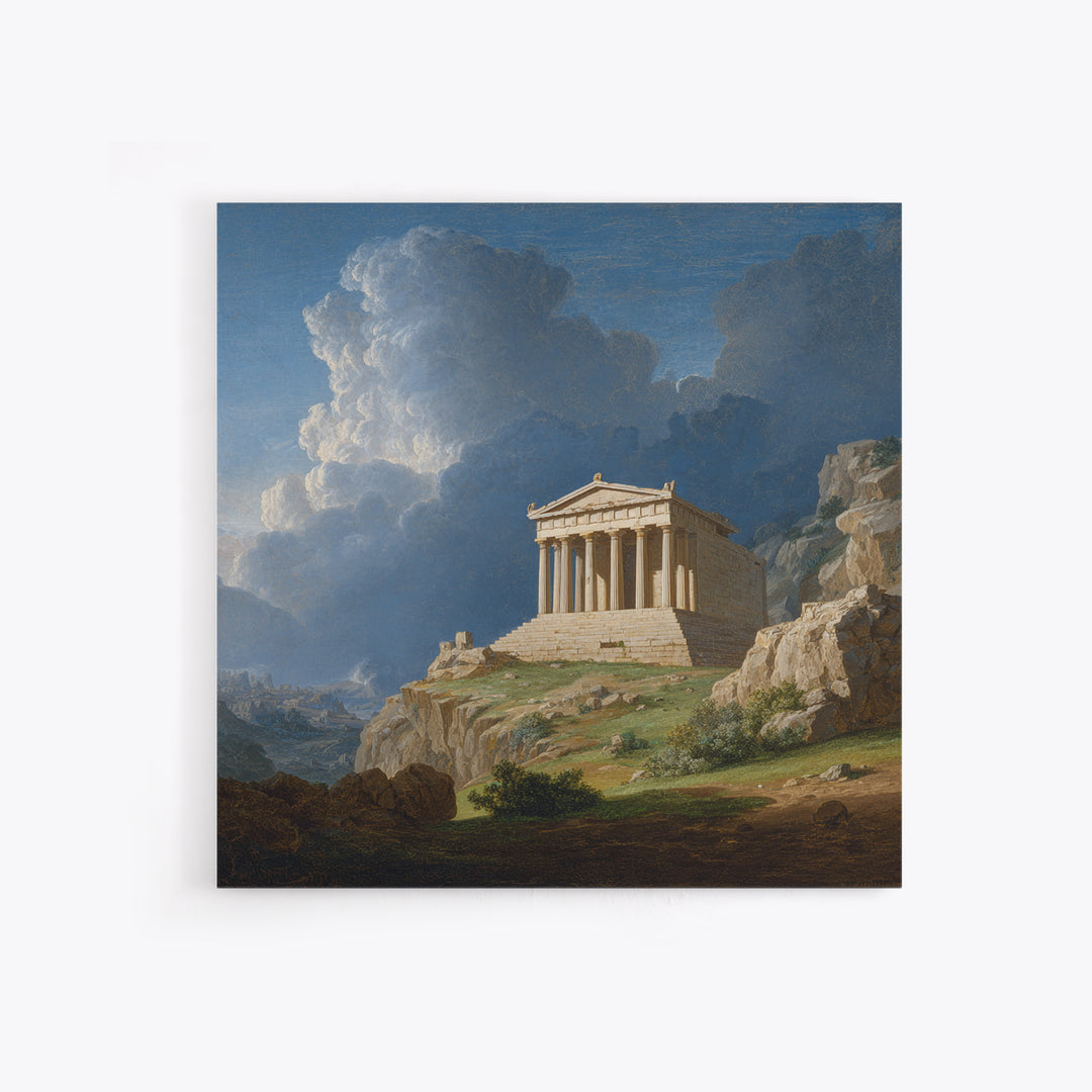 Classical Greek Temple On Rocky Hill Canvas Print, Ancient Architecture Wall Art, Mediterranean Landscape, Elegant Home Decor