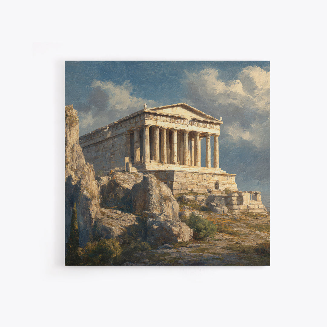 Sunlit Greek Temple On Rocky Acropolis Wall Art, Classical Architecture Oil Painting, Ancient Greece Decor, Fine Art Print