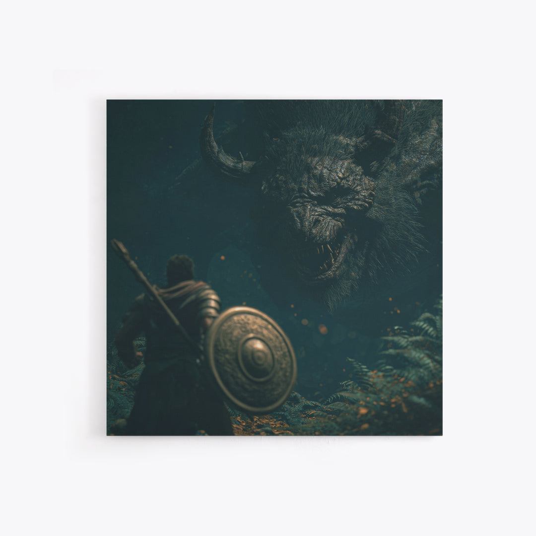 Hero Facing Giant Mythic Beast In Dark Forest Canvas Print, Fantasy Wall Art, Monster Art, Gothic Decor, Gift For Him, Dark Art