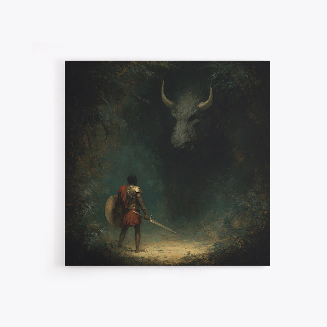 Hero Facing Shadow Minotaur In Dark Forest Framed Canvas Print, Mythological Fantasy Art, Moody Wall Decor, Gothic Art Gift