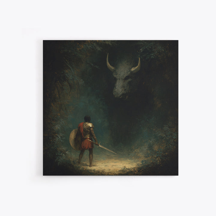 Hero Facing Shadow Minotaur In Dark Forest Framed Canvas Print, Mythological Fantasy Art, Moody Wall Decor, Gothic Art Gift