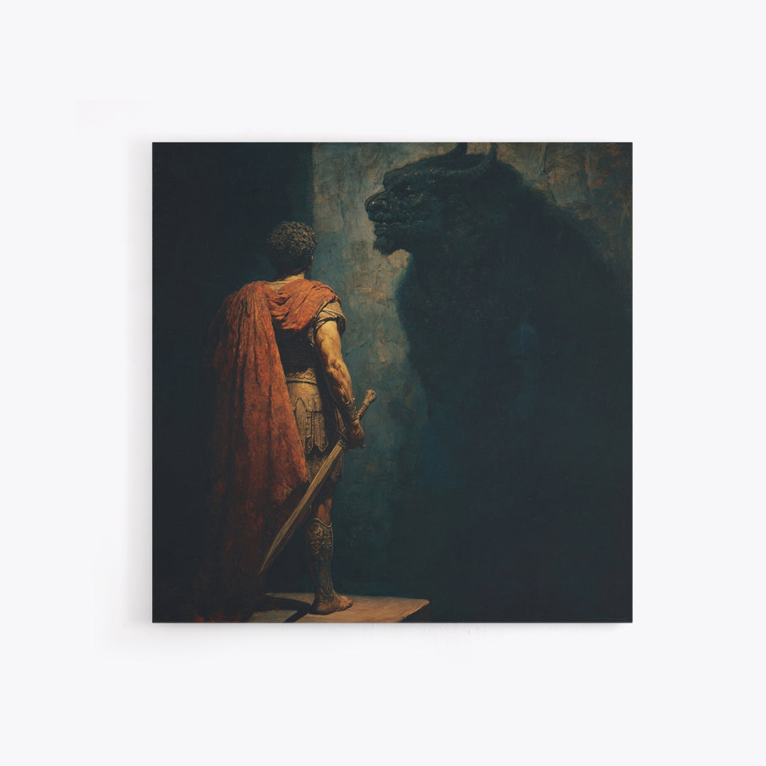 Hero Facing Minotaur In Shadows Canvas Print, Dark Mythology Wall Art, Ancient Greek Fantasy Decor, Dramatic Fine Art Print