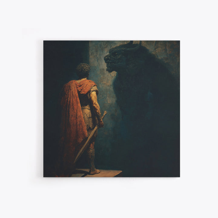 Hero Facing Minotaur In Shadows Canvas Print, Dark Mythology Wall Art, Ancient Greek Fantasy Decor, Dramatic Fine Art Print