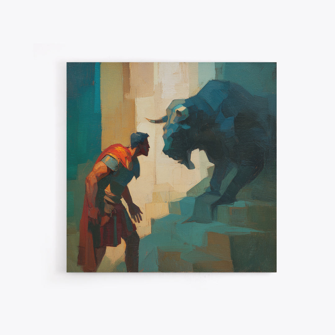 Brave Roman Facing Black Bull Wall Art, Mythological Animal Painting, Bold Modern Canvas For Masculine Office Decor Gift