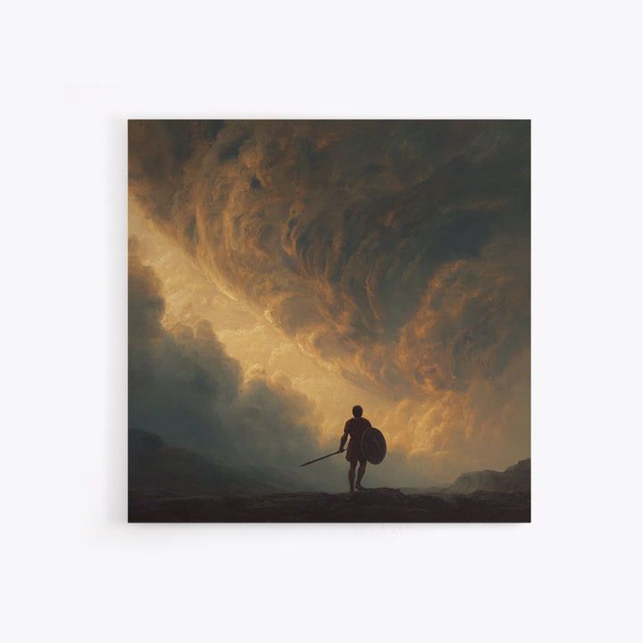 Warrior Beneath Golden Storm Clouds Canvas Print, Epic Fantasy Landscape Painting, Dramatic Wall Decor For Men, Living Room Decor