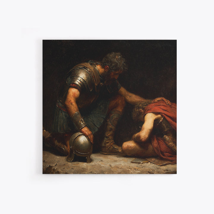 Wounded Ancient Soldier Kneeling By Armored Companion Canvas Print, Classical Wall Art, Mythological Art, Dark Academia Decor