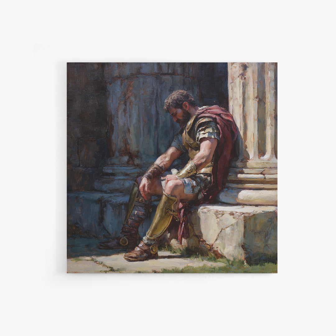 Weary Roman Soldier Resting Beside Columns Framed Canvas Print, Classical Portrait Art, Historical Wall Decor, Gift For Him
