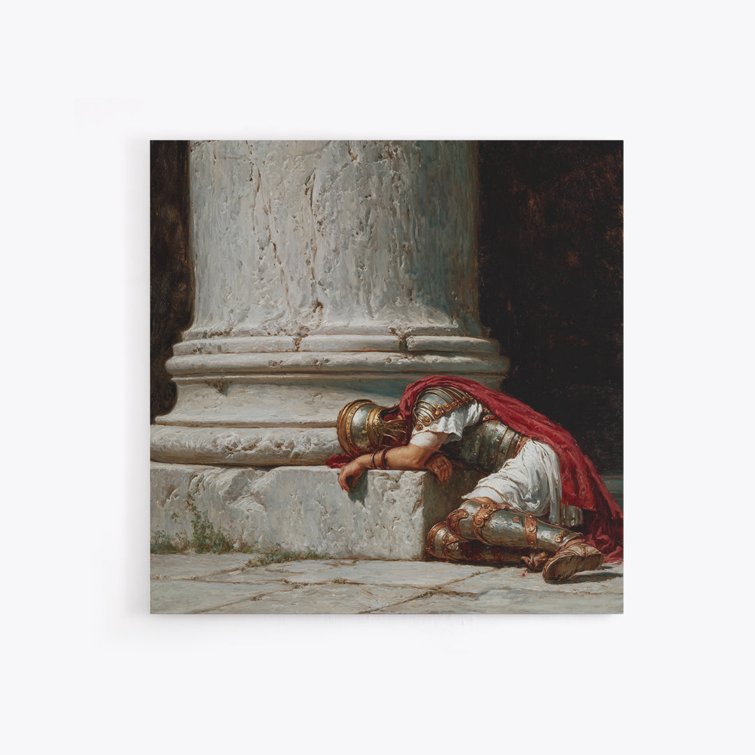 Fallen Roman Soldier Beside Marble Column, Classical Framed Canvas Print, Historical Wall Art, Ancient Rome Decor, Museum Style