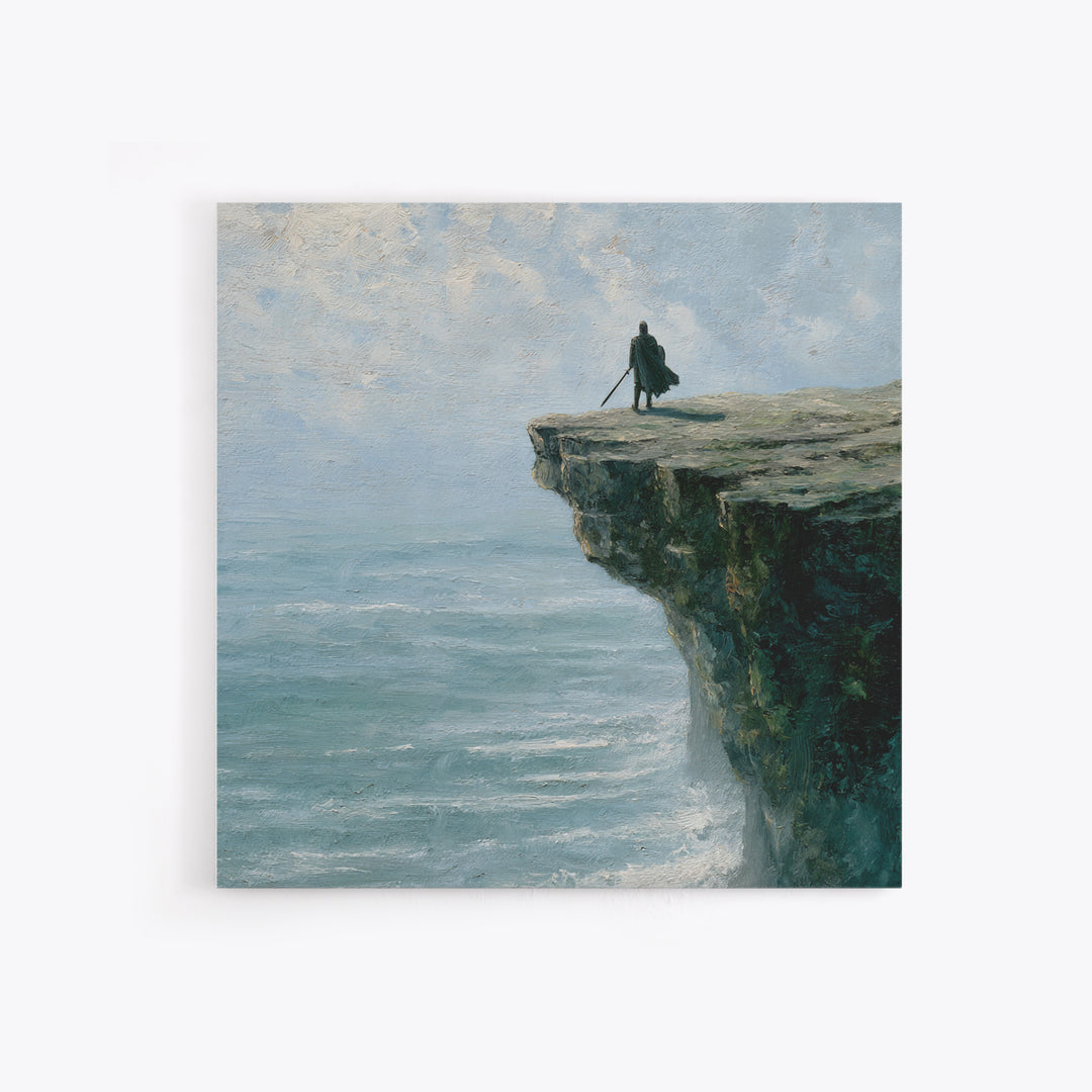 Lone Wanderer On Ocean Cliff Canvas Print, Moody Seascape Landscape Art, Coastal Fantasy Decor, Large Wall Art For Living Room