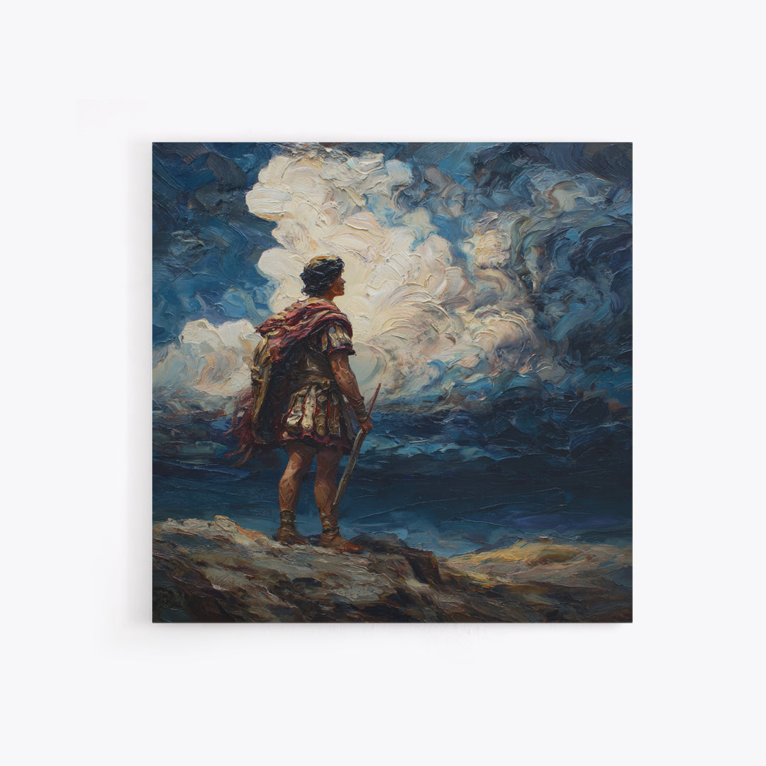 Roman Warrior Under Storm Clouds Framed Canvas Print, Dramatic Mythological Art, Dark Academia Office Decor Gift For Him