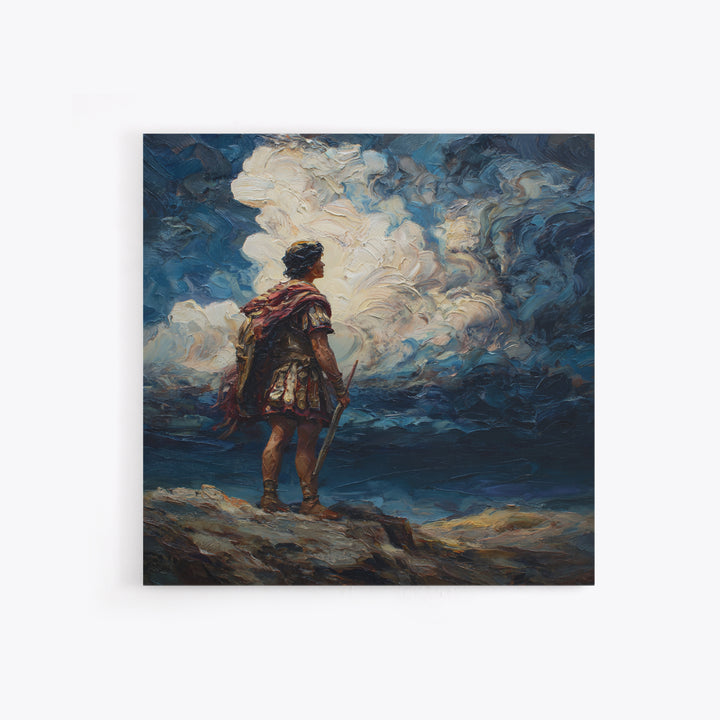 Roman Warrior Under Storm Clouds Framed Canvas Print, Dramatic Mythological Art, Dark Academia Office Decor Gift For Him