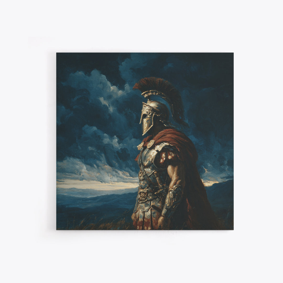 Stoic Roman Warrior Under Storm Clouds Framed Canvas Print, Mythological Art, Dark Academia Decor, Masculine Office Wall Art