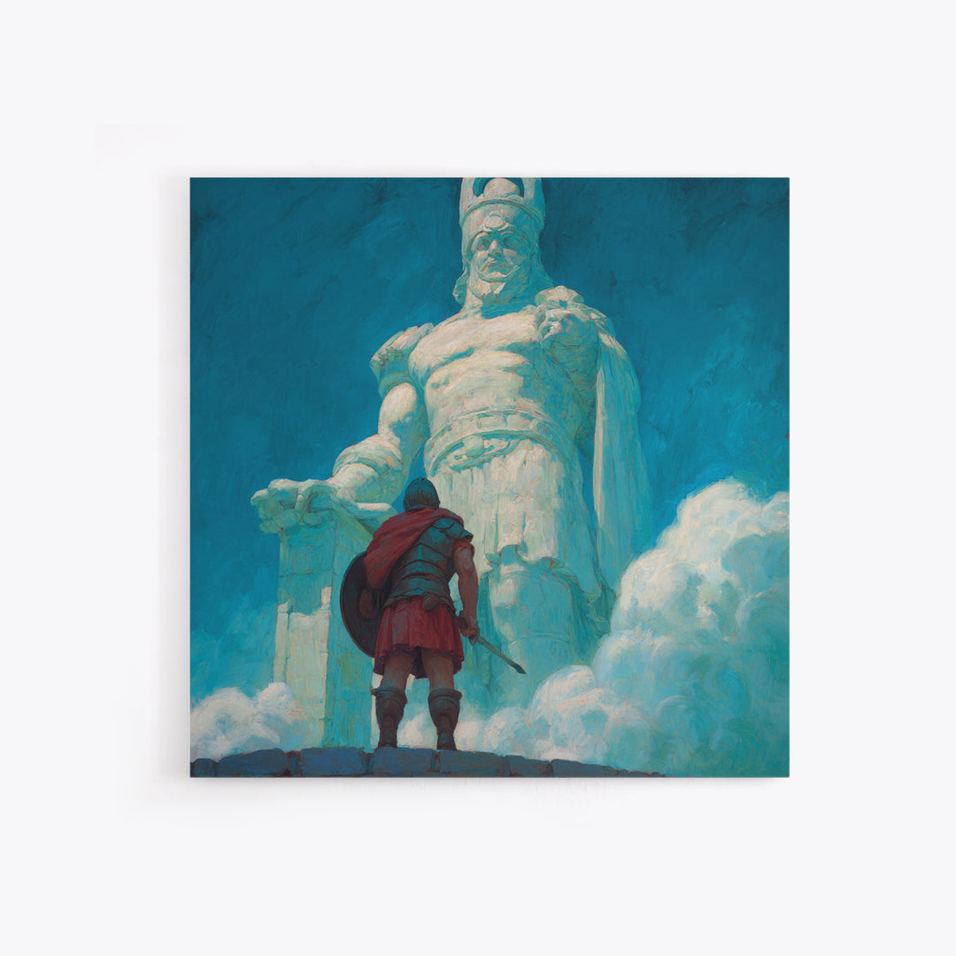 Hero Before Colossal Ancient Statue Framed Canvas Print, Fantasy Wall Art, Mythological Art, Blue Wall Decor, Gift For Him