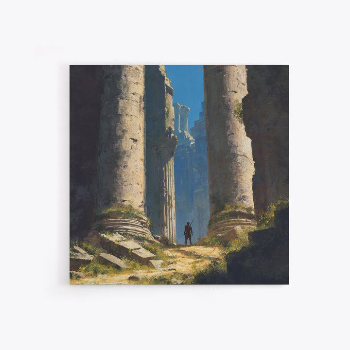 Lone Explorer In Ancient Ruins Wall Art, Fantasy Temple Landscape Painting, Dramatic Architecture Decor, Adventure Gift Idea
