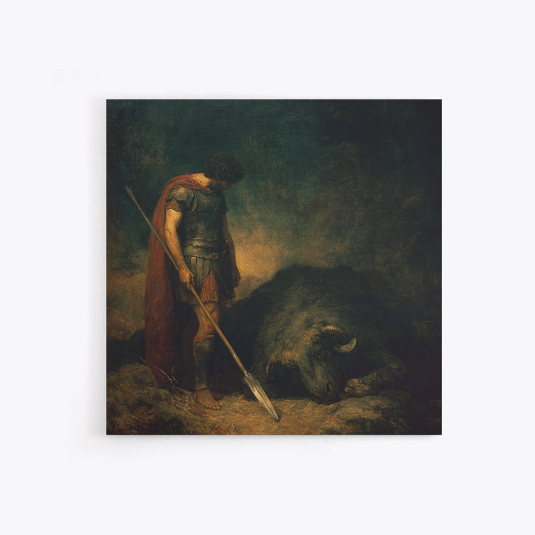 Heroic Spearman Beside Fallen Beast Wall Art, Mythological Warrior Oil Painting, Dark Fantasy Fine Art Print Living Room Decor