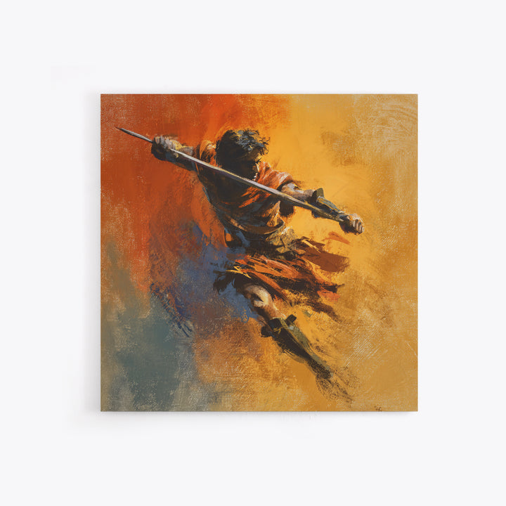 Dynamic Spear Warrior In Orange Canvas Print, Abstract Battle Figure Wall Art, Bold Fantasy Decor, Energetic Statement Art