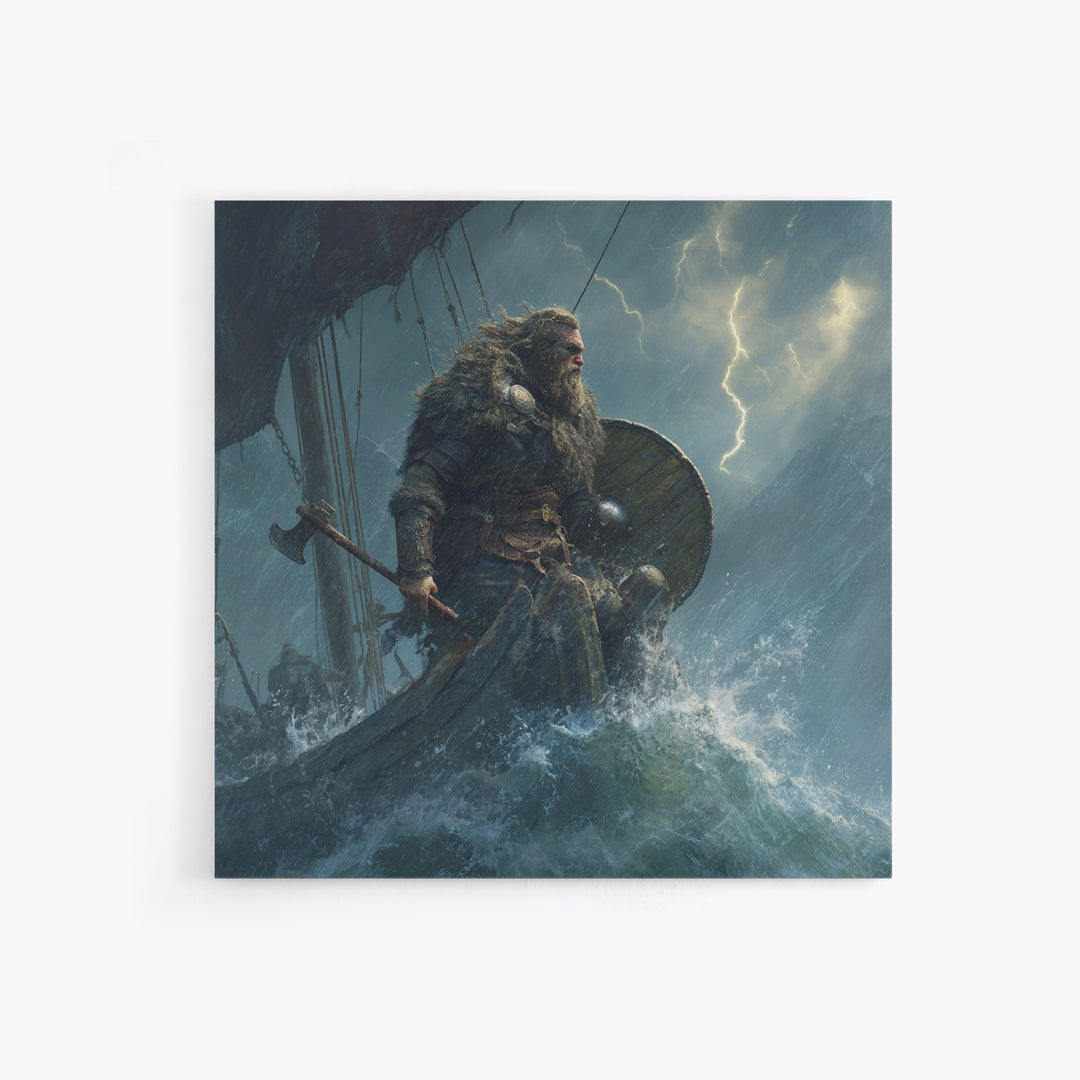 Viking Warrior In Stormy Seas Framed Canvas Print, Norse Mythology Wall Art, Dark Nautical Decor, Gift For Him, Masculine Office Art