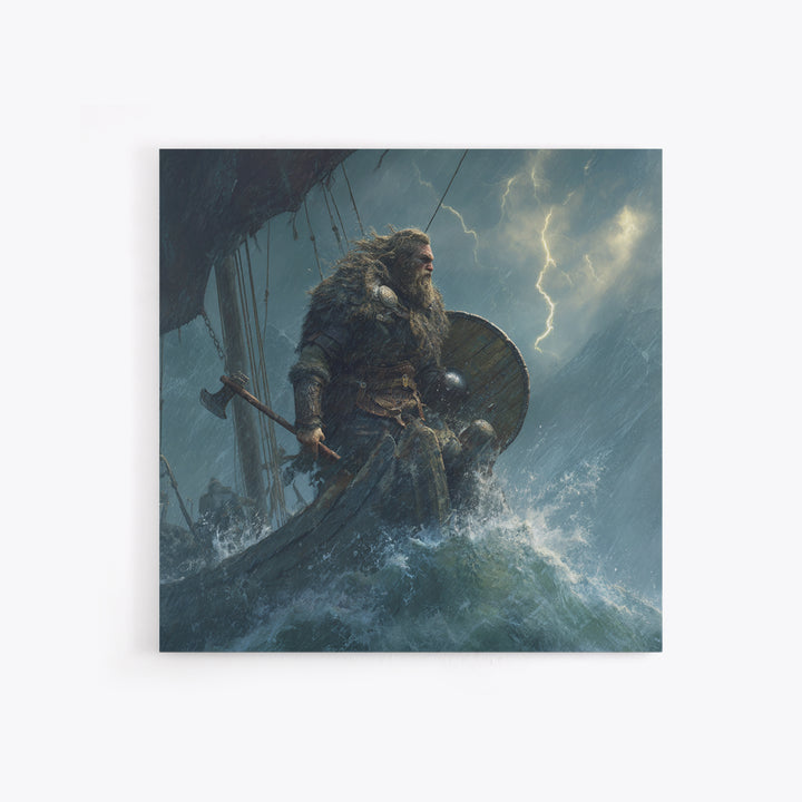Viking Warrior In Stormy Seas Framed Canvas Print, Norse Mythology Wall Art, Dark Nautical Decor, Gift For Him, Masculine Office Art